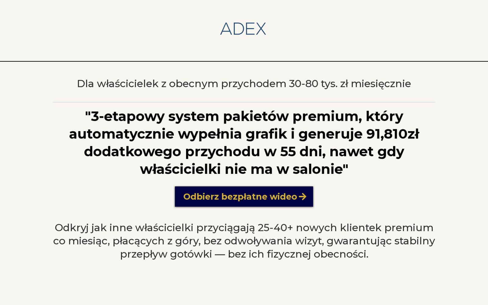 Adex Digital, system pozyskiwania klientek premium dla salonów beauty: strona z bezpłatnym materiałem wideo