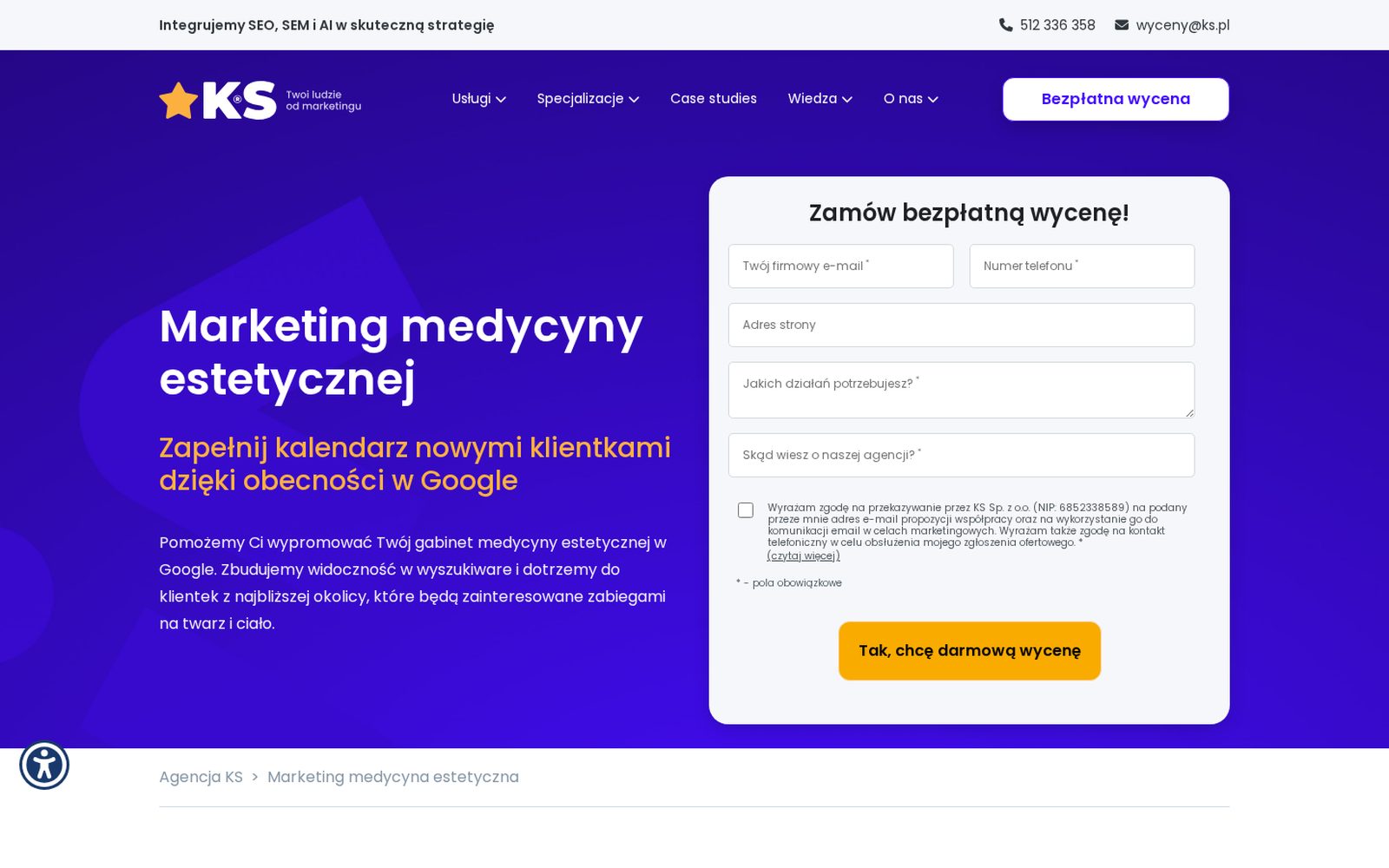 Agencja KS, marketing dla gabinetów i salonów: strona usługi z kalkulatorem ceny