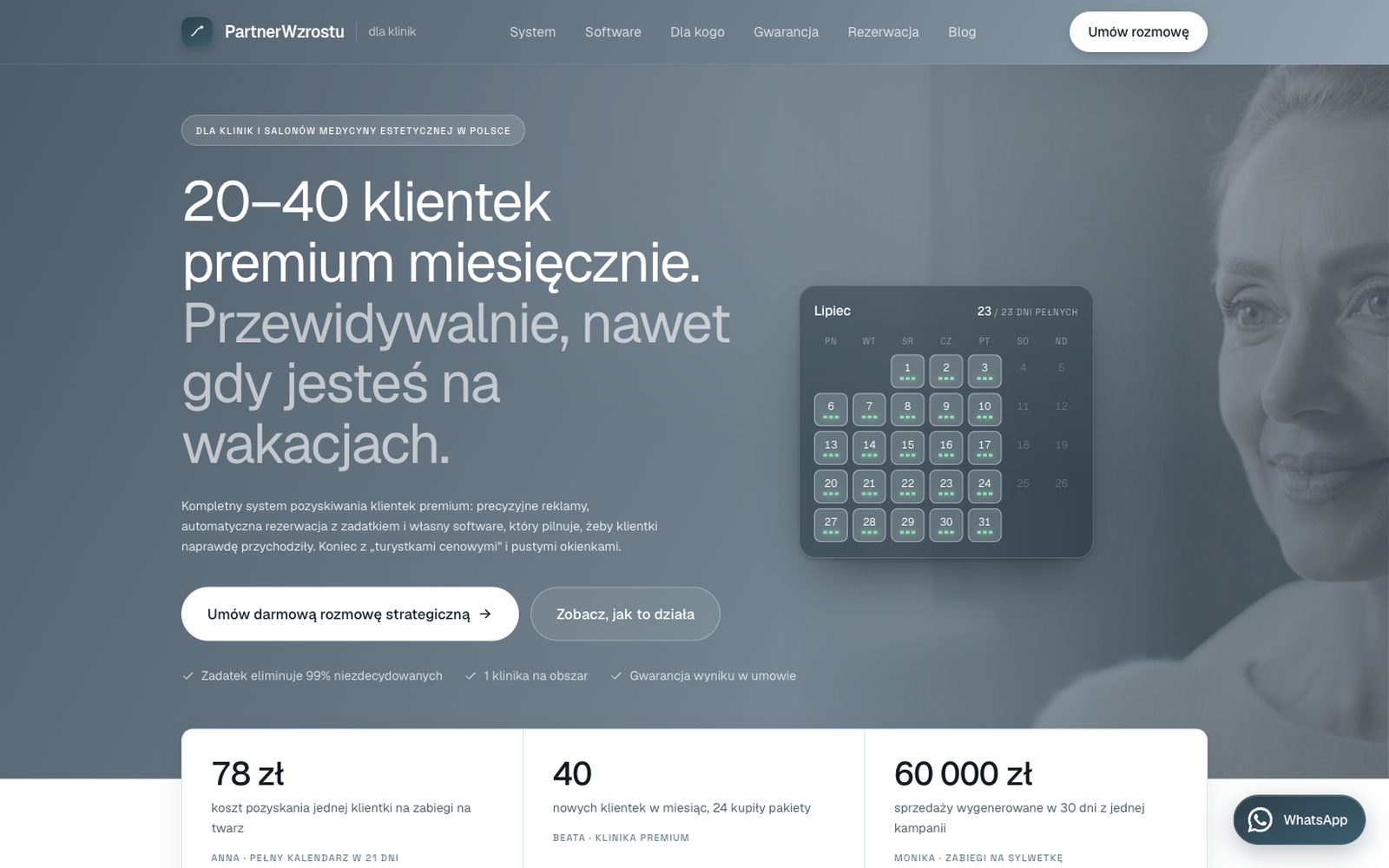 Partner Wzrostu, agencja marketingowa dla klinik i salonów kosmetycznych: strona główna z systemem pozyskiwania klientek premium