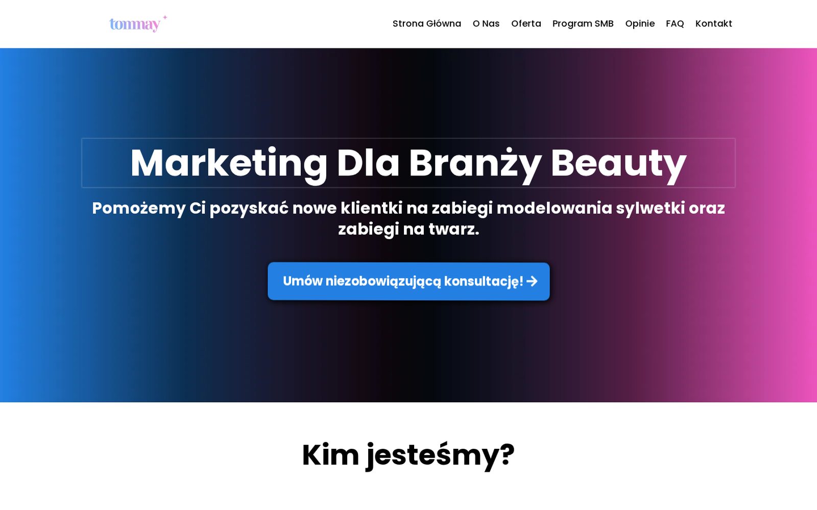 TomMay, marketing dla branży beauty: strona główna z trzema filarami współpracy