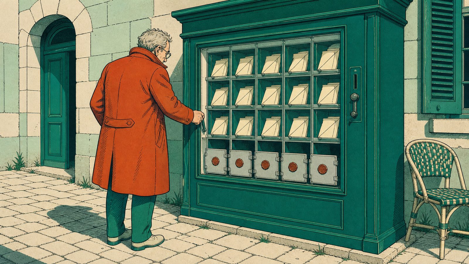 Ilustracja: starszy mężczyzna w płaszczu stoi przed automatem z receptami. Górne przegrody pełne są recept, a pięć dolnych przegród jest zamkniętych i opieczętowanych.
