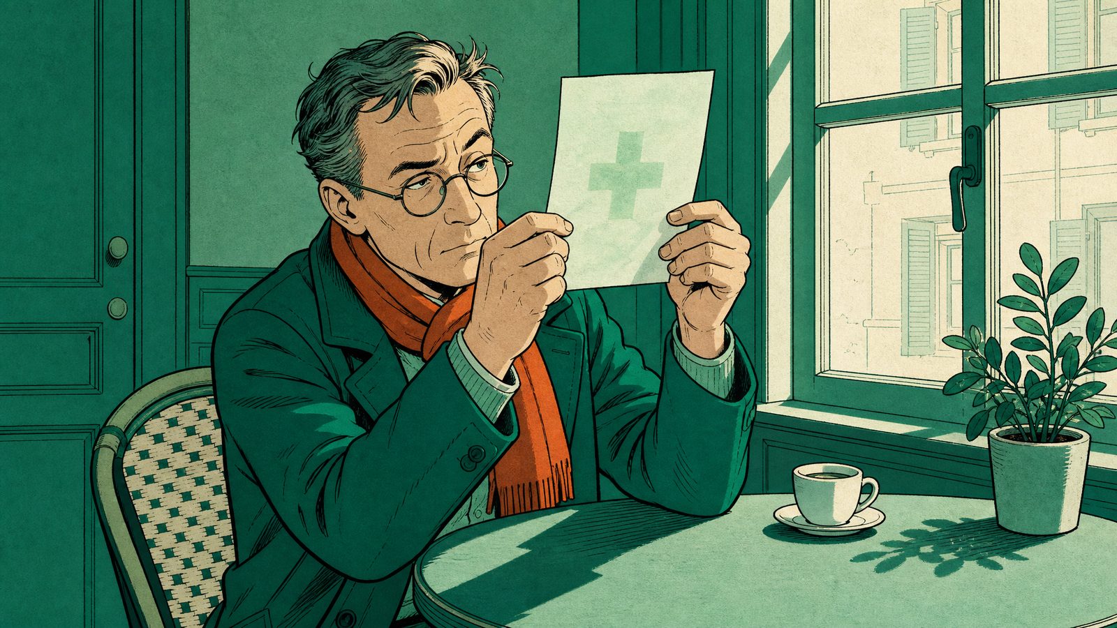Ilustracja: mężczyzna przy stoliku ogląda pod światło papierową receptę, tak jak sprawdza się banknot. W papierze prześwituje znak wodny w kształcie krzyża. Sprawdzanie, czy usługa jest prawdziwa.
