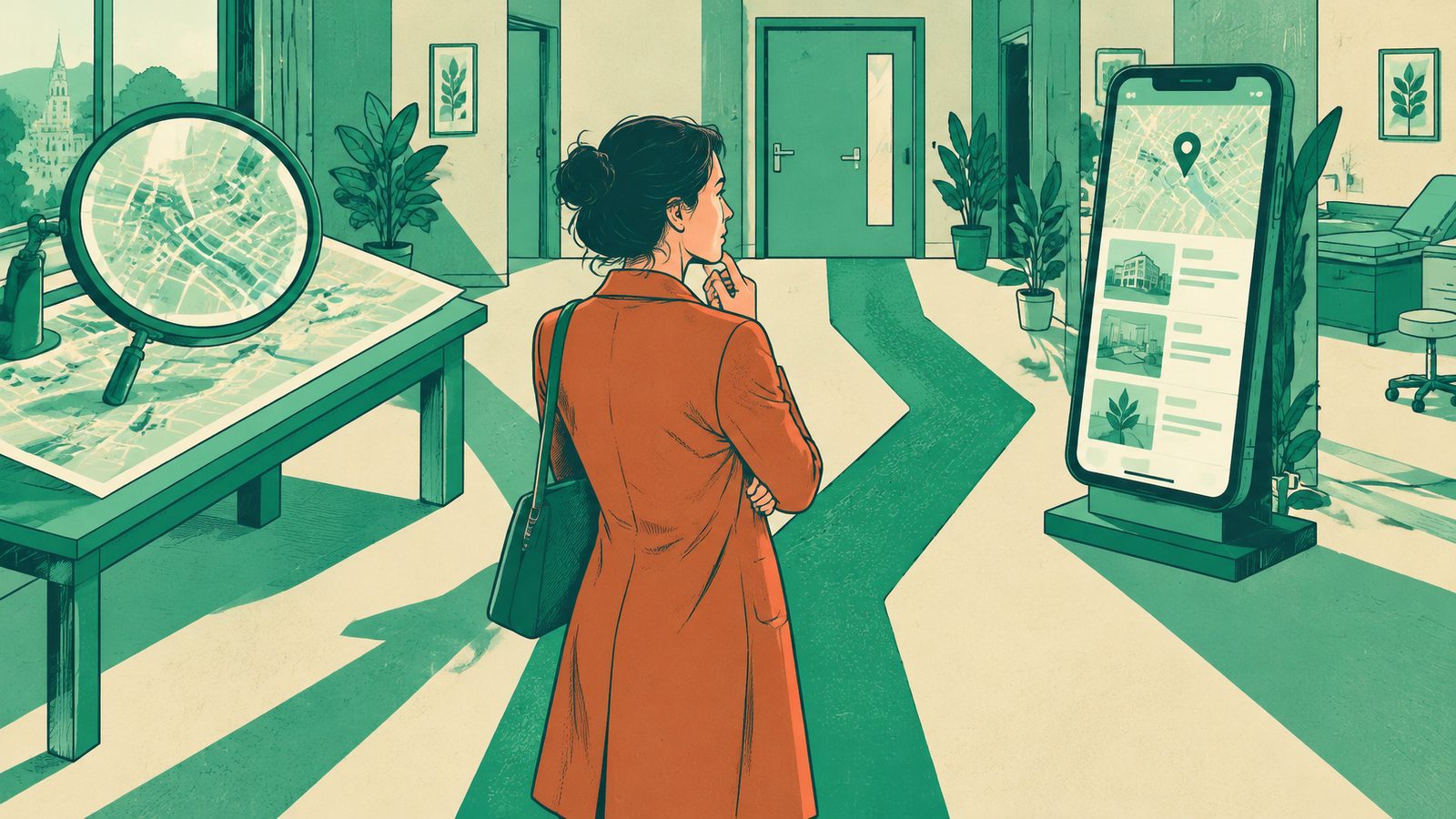 Właścicielka kliniki stoi na rozwidleniu dwóch ścieżek: jedna prowadzi do wielkiej lupy nad mapą miasta, druga do przewijanego pionowego ekranu telefonu, a obie kończą się przy tych samych drzwiach gabinetu