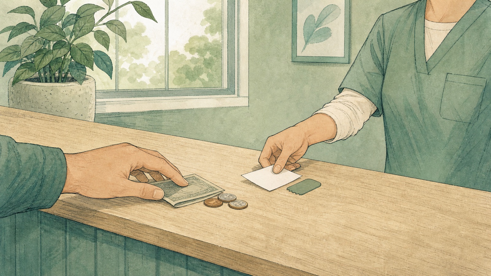 Ilustracja: przy drewnianej ladzie jedna dłoń przesuwa banknot i monety, a z drugiej strony pracownik w zielonym uniformie oddaje tylko pustą kartkę i mały bon zamiast recepty. Metafora opłaty za gotowość, po której zostaje kupon, nie zwrot.