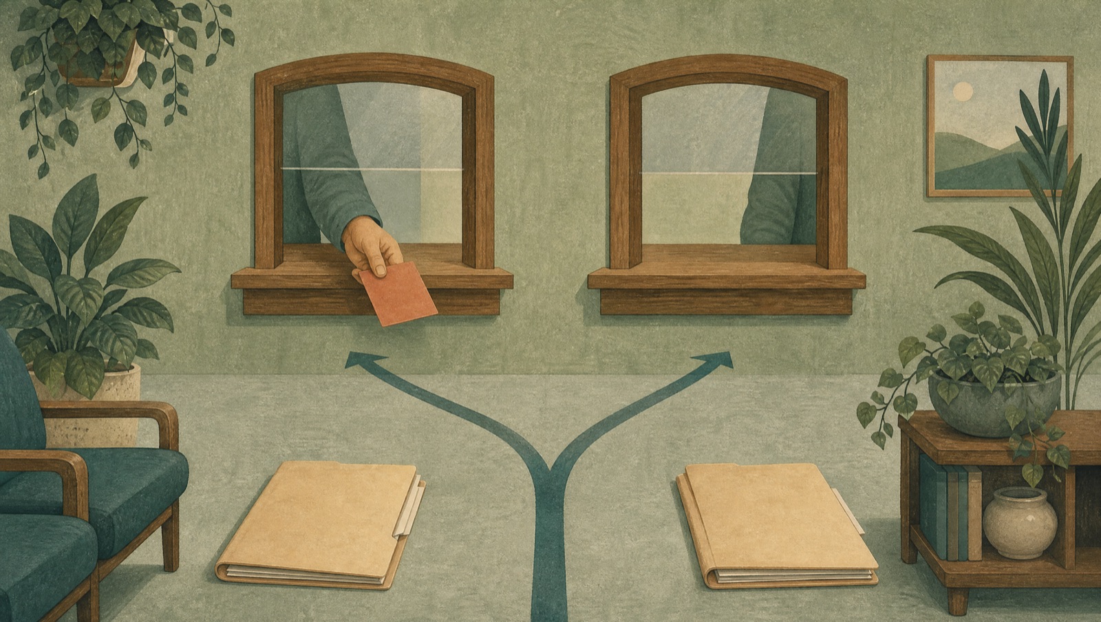Ilustracja: dwie identyczne teczki z dokumentami wędrują dwiema ścieżkami do dwóch bliźniaczych okienek w szałwiowozielonej ścianie. Z lewego okienka wraca pomarańczowy kwitek, prawe okienko jest puste. Ta sama sprawa, dwa różne wyniki.