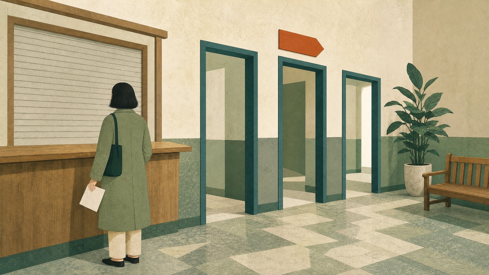 Ilustracja: w korytarzu urzędu osoba w zielonym płaszczu stoi tyłem przed drewnianym okienkiem z opuszczoną roletą, trzymając w dłoni pojedynczą kartkę. Obok trzy otwarte przejścia prowadzą dalej, nad środkowym wisi pusta pomarańczowa tabliczka ze strzałką. Jedna droga zamknięta, kilka innych otwartych.