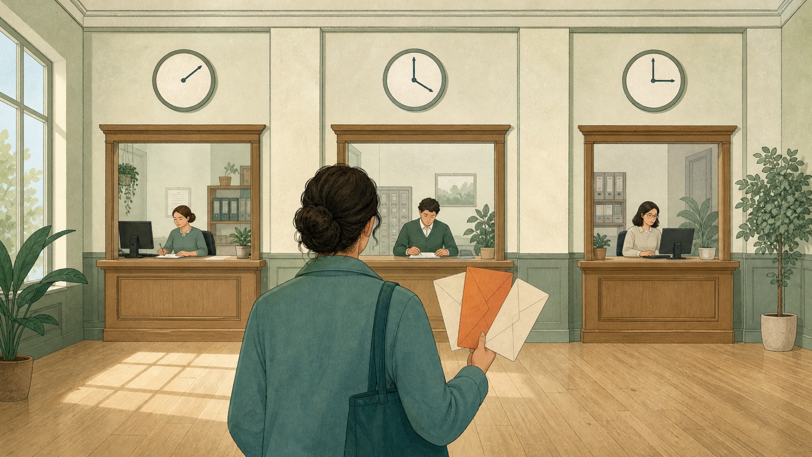 Ilustracja: jasne wnętrze urzędu, trzy drewniane okienka obsługi obok siebie, nad każdym okrągły zegar bez cyfr ze wskazówkami w innym położeniu. Na pierwszym planie osoba w turkusowym płaszczu, widziana od tyłu, trzyma wachlarz trzech kopert, jedna pomarańczowa, dwie kremowe.